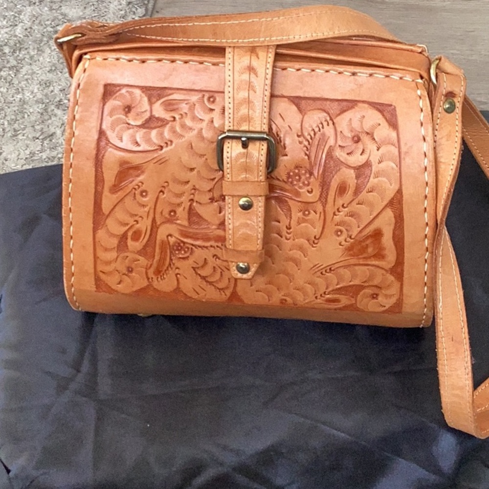Hand-Tooled Tan Leather Crossbody Shoulder Bag